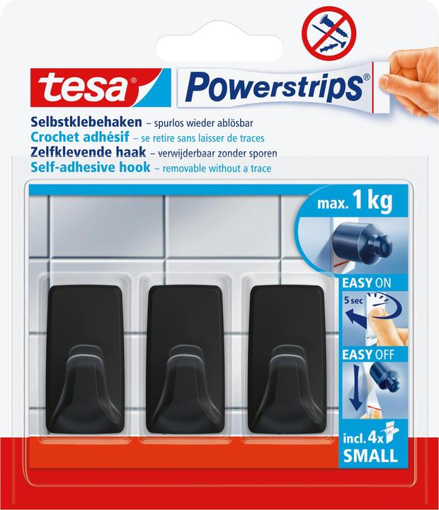 Productafbeelding tesa Powerstrips haken KLEINE rechthoek, zwart van hoogwaardig kunststof, meerdere keren te gebruiken met