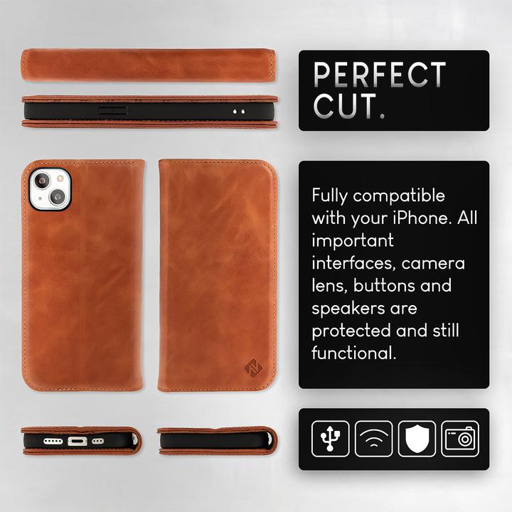 Produktbild Nalia Echt Leder Flip Case Hülle mit Magnetverschluss (Apple iPhone 15 Plus)