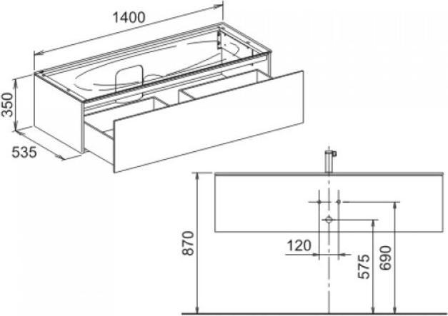 Actual product image Keuco Edition 11 Vanity unit 31361, 1 pot-and-pan drawer, with LED interior lighting, 1400 x 350 x 5
