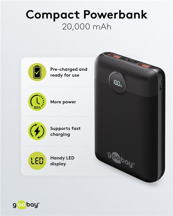 Image du produit Goobay Banque d'énergie compacte 20 000 mAh (20 mAh, 22.50 W, 77 Wh)