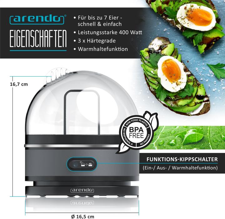Immagine prodotto Arendo Bollitore per uova in acciaio inossidabile 7 volte, 400 W, acciaio inossidabile, funzione keep