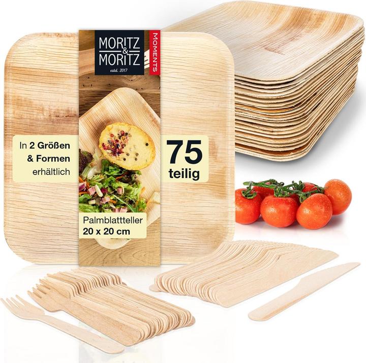 Actual product image Moritz & Moritz Palmblattgeschirr 2er Set 150 tlg Eckig 20cm mit Besteck (150 x)