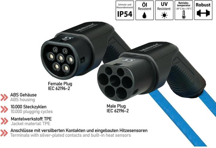 Produktbild Kabelmeister E-Auto-Ladekabel Mode 3, Typ 2 Stecker an Buchse, 32 A, 7,5 m, blau (Typ 2, 22 kW, 32 A, 7.50 m)