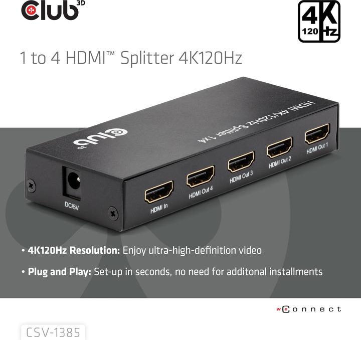 Image du produit Club 3D Club3D HDMI Splitter 1 entrée -> 4 sorties 4K120Hz UHD retail