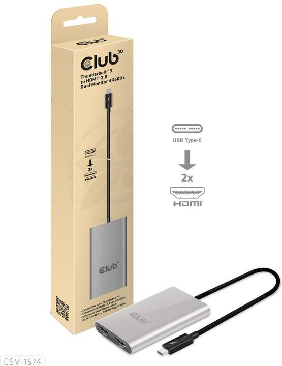 Actual product image Club 3D Thunderbolt 3 on Dual HDMI 2.0 (HDMI, 20 cm)