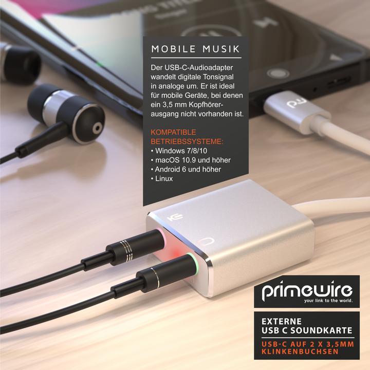 Actual product image Primewire External USB C sound card, Virtual 7.1 Surround, stereo audio / headphone adapter, DA converter, DAC (USB-C)