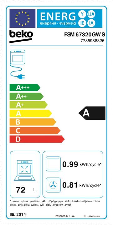 Energy Label Beko FSM 67320 GWS ws Free-standing Cooker 60cm Ceran A 8 Heating Modes Clock