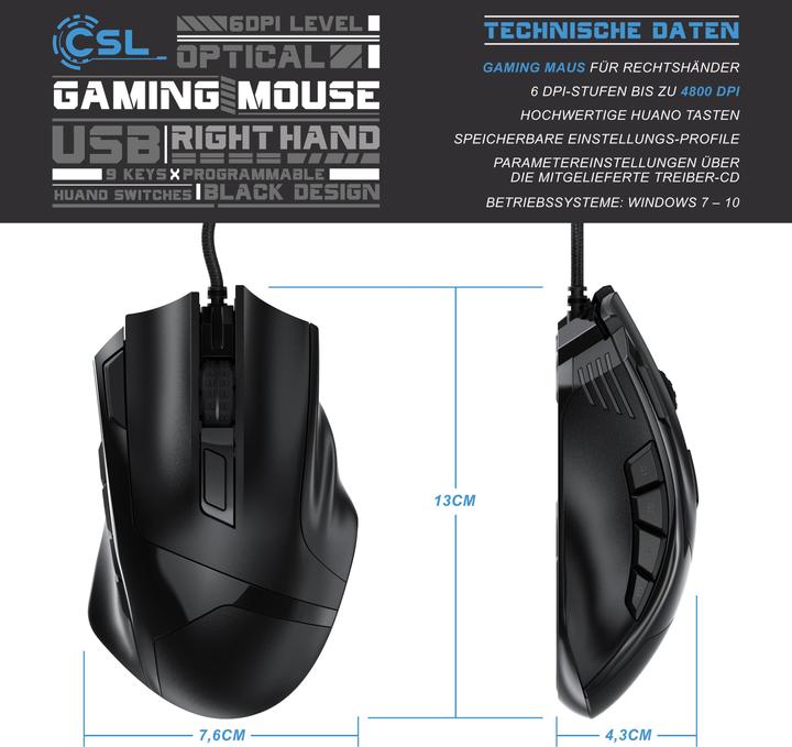 Produktbild CSL Gaming Maus kabelgebunden, 125 dpi, optische Gaming Maus, Farbwechsel, 9 Tasten, 600 bis 4800dpi (Kabelgebunden)
