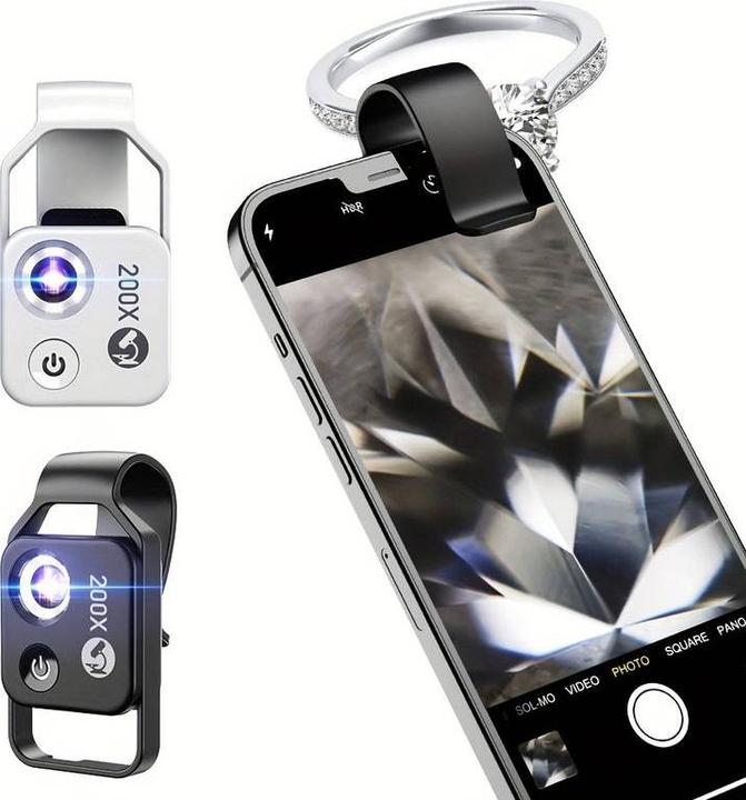 Actual product image PhoneLook Apexel APL-MS002 Clip zoom optique microscopique 200x universel avec lumière LED intégrée