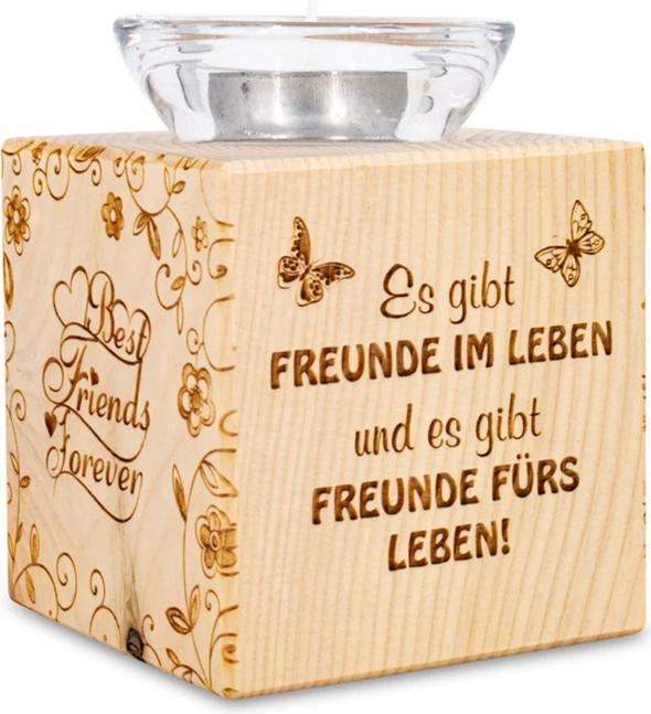 Immagine prodotto ZNatur Porta tealight in legno di pino svizzero cubo e vetro decorativo con incisione Ci sono amici nella (1 x)