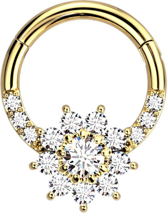 Star Piercing Micro Segmentring klappbar vergoldet front Kristalle silber und Blume (Chirurgenstahl 316L)