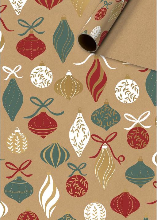 Blancs, Papier kraft marron imprimé sur une face avec des, boules de Noël vertes et dorées