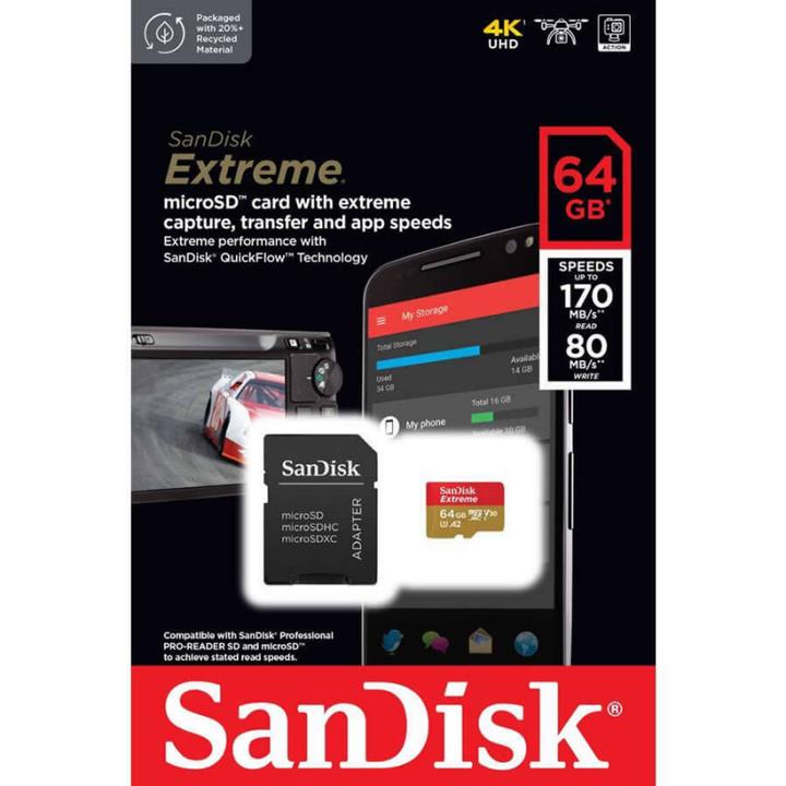 Produktbild SanDisk microSDXC Memory Card Extreme with Adapter, 64Gb, Class 10 / UHS-1 U3 (64 GB, microSDXC, U3, UHS-I)