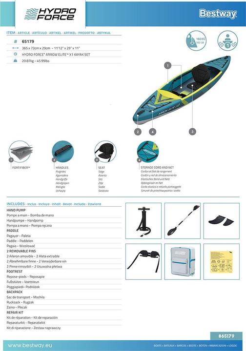 Label énergétique Bestway Arrow Elite X1 Kayak Set 365 x 73 x 30cm (1 pers.)