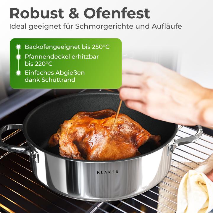 Produktbild KLAMER 28cm Induktion Servierpfanne, Antihaft, Backofenfest, inkl. Deckel (28 cm, Pfannenset + Topfset, Edelstahl)
