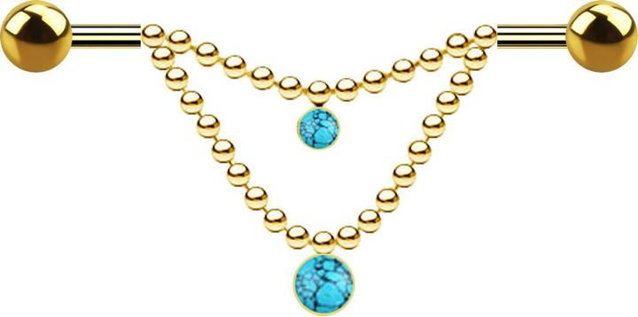 Actual product image Star Piercing Barbell gold-plated two balls two chains turquoise stone (without brass, Mineral, Surgical steel 316L)