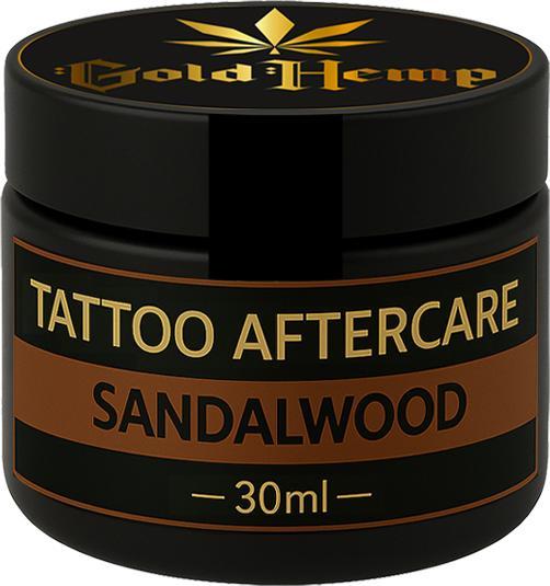 Actual product image GoldHemp Tattoo Aftercare Sandalwood 30ml (Panthenol, Cannabis Sativa Seed Oil, Cocos nucifera oil, Tocopherol, Flavor, Coumarin, Cera Alba, Cannabidiol, Linalool, Vitis Vinifera Sees Oil, Limonene, Pantolactone)