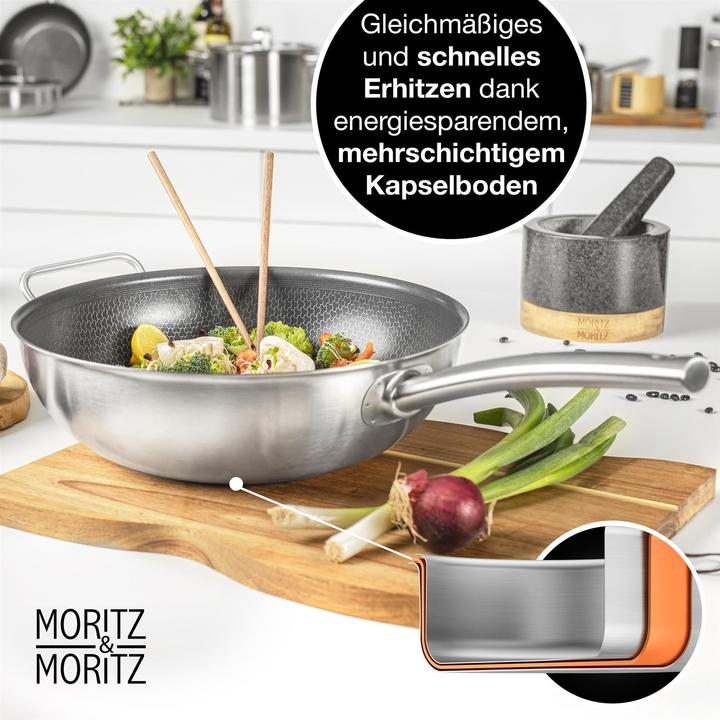 Produktbild Moritz & Moritz Edelstahl Wokpfanne 30cm mit Keramikbeschichtung der neuesten Generation (Wok Pfanne, Edelstahl)