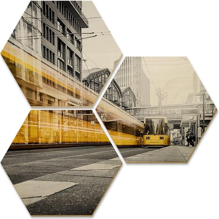 Produktbild Trenddeko Hexagon - Holz Birke-Furnier - Berlin Friedrichstrasse-02 (3er Set) (35 x 30 cm)