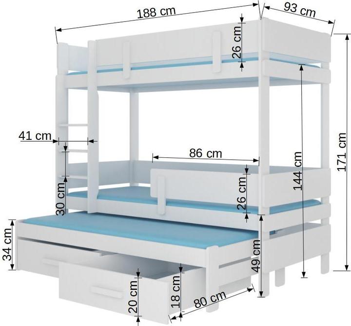 Produktbild ADRK Furniture Etagenbett verdreifachen mit Matratzen ETAPO 180x80 (180 x 80 cm)