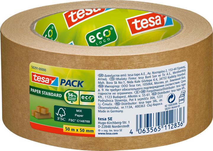 tesa tesapack PAPER STANDARD Verpackungsband - 56 % biobasiertes Material - recyclingfreundlich (50 mm)
