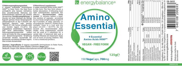 Valeurs nutritives et ingrédients Energybalance Amino Essential (150 pièce(s), Capsules, 125 g)