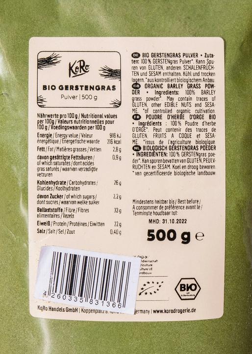 Nutritional values and ingredients KoRo Organic Barley Grass Powder (500g) (1 Piece, Powder, 500 g)