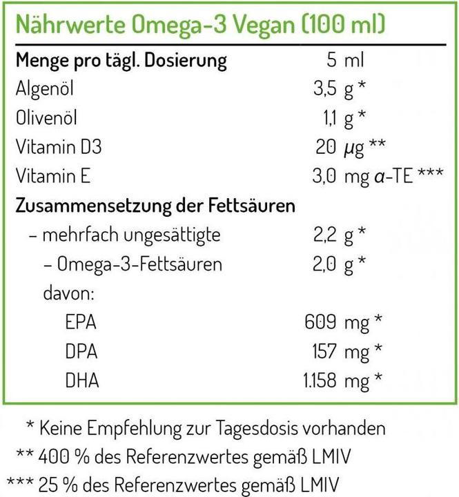 Valeurs nutritives et ingrédients Norsan Végétalienne Oméga 3 (1 pièce(s), Liquide, 190 g)