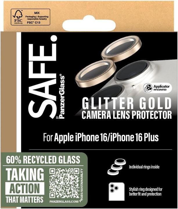 Actual product image PanzerGlass SAFE. by ® Camera Lens Protector Glitter Gold iPhone '24 6.1" | 6.7" (1 Piece, Apple iPhone 16 Plus)