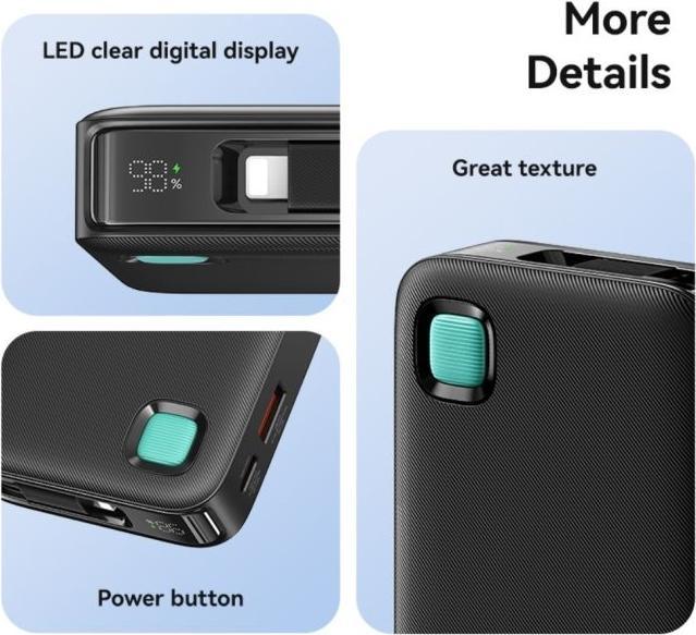Actual product image Usams Powerbank ze zwijanym kablem USB-C Retractable 10000 mAh PD 20W Fast Charge XY Series czarny/b (10000 mAh, 50 W, 50 Wh)