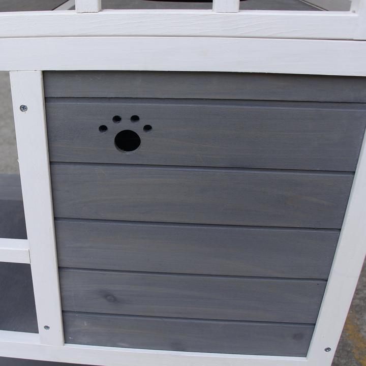 Immagine prodotto PawHut Rifugio per gatti da esterno con terrazza, 4 piani, resistente all'inverno, grigio, 75,5x75x137cm (137 cm, Grigio scuro Bianco)