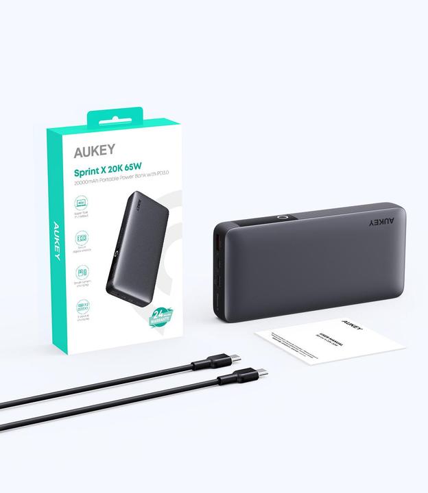 Productafbeelding Aukey Powerbank Sprint X 20K, 65W, 20000mAh, met USB-C kabel (20000 mAh, 65 W, 74 Wh)