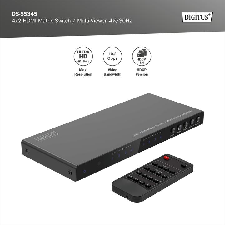 Image du produit Digitus Commutateur matriciel HDMI 4x2 / Multi Viewer, 4K / 30 Hz