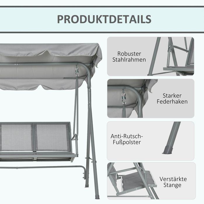 Produktbild Swisshandel24 Hollywoodschaukel 3-Sitzer Gartenschaukel Schaukelbank mit Dach Metall Grau+Silber 170 x 110 x 153 c