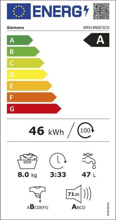 Etichetta energetica Siemens WQ33G2V3CH 8kg & WM14N0E3CH 8kg Waschturm (8 kg, A destra)
