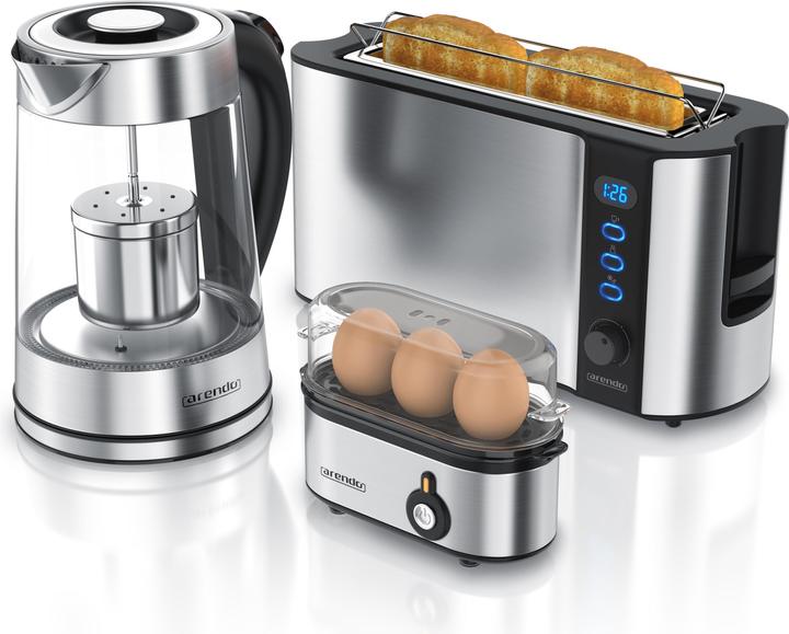 Actual product image Arendo Breakfast set, kettle 1.7l temperature selection, 2-slice toaster & egg cooker for 3 eggs, silver