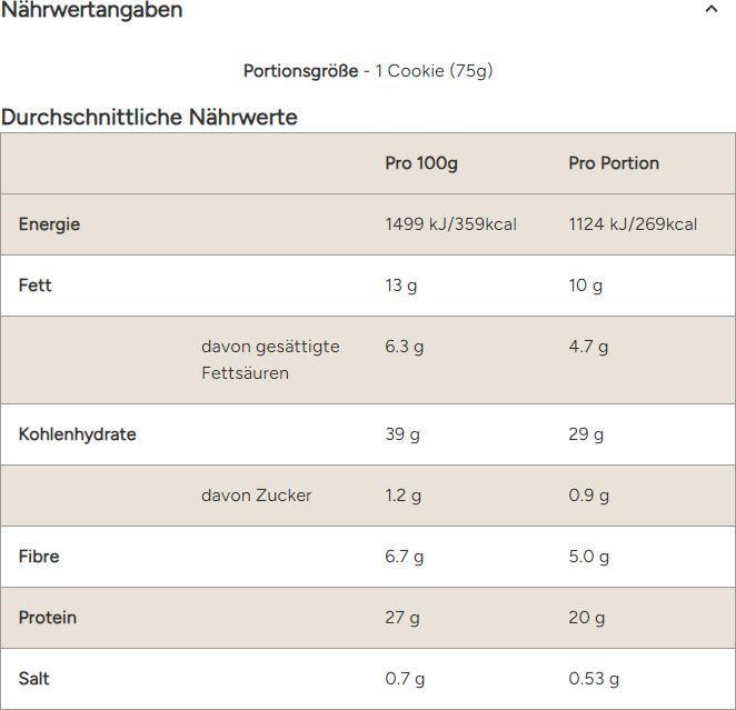 Valori nutrizionali e ingredienti MyProtein Biscotto ripieno di proteine (12 x 75g) (Doppio cioccolato e caramello, 12 pz., 900 g)