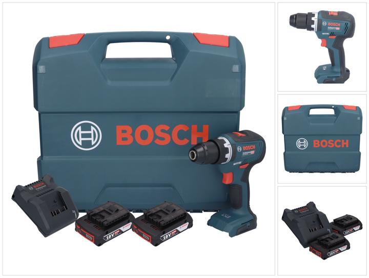 1x Bosch GSR 18V-55 Professional Perceuse-visseuse sans fil, 2x Bosch 18V 2 Ah Li-Ion batterie à insertion, 1x Bosch L-Case, 1x Bosch GAL 18V-20 Chargeur de batterie