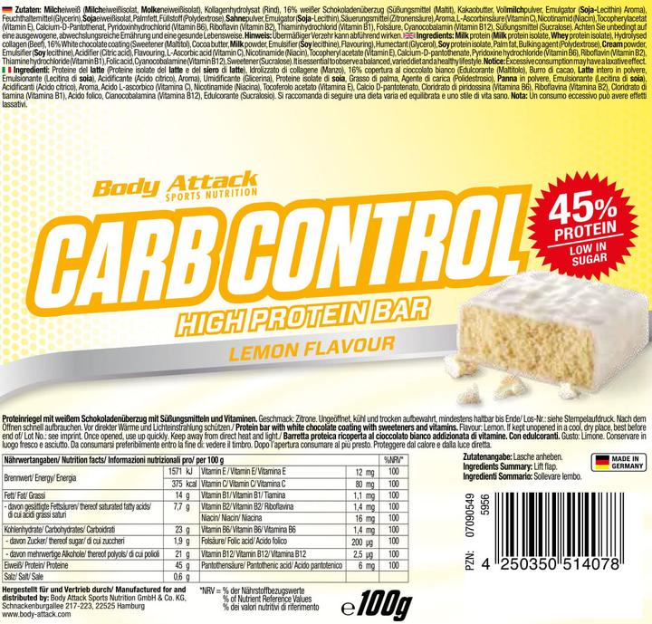 Nährwerte und Zutaten Body Attack Carb Control (15x100g Riegel) (Blueberry Yoghurt, 15 Stk., 1500 g)