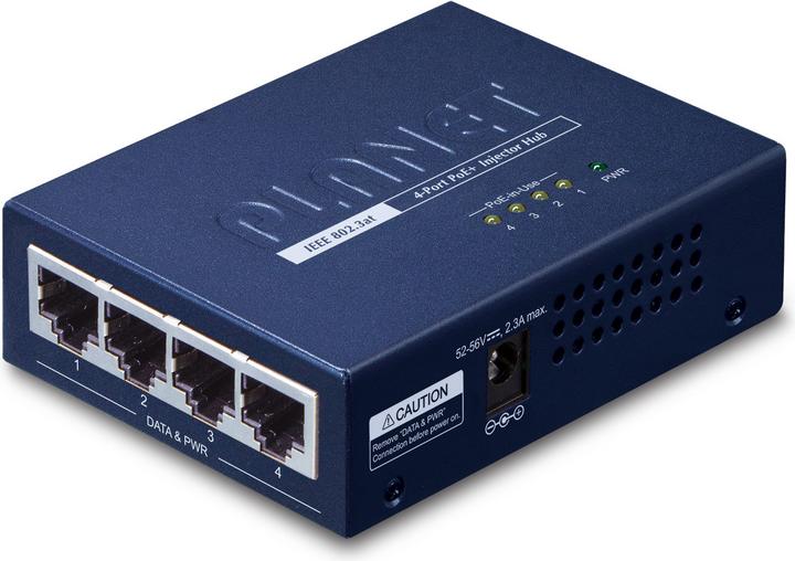 Actual product image Planet PoE 802.3at Injector 4-Port RJ-45 Hub 10/100/1000 Mbps Weight: 220g (802.3at (PoE+), 802.3af (PoE), 120 W)