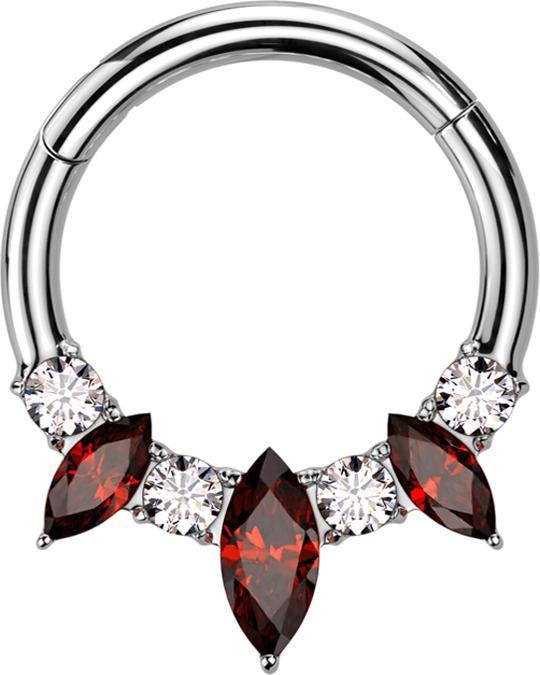 Star Piercing Micro Segmentring klappbar silber zwei ovale Kristalle rot vier rund Kristalle silber (ohne Messing, Titan G23)