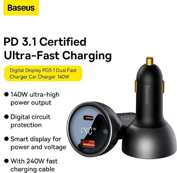 Image du produit Baseus Digital Display fast car charger USB-A / USB-C PD3.1 140W black + USB-C cable Superior