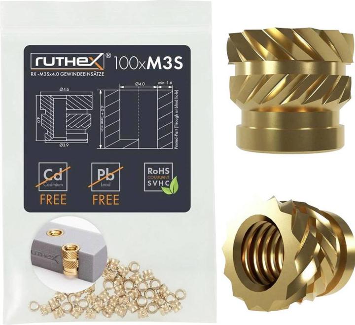 Actual product image Ruthex M3 Gewindeeinsatz SHORT - 100 Stück RX-M3Sx4.0 Gewindebuchsen aus Messing