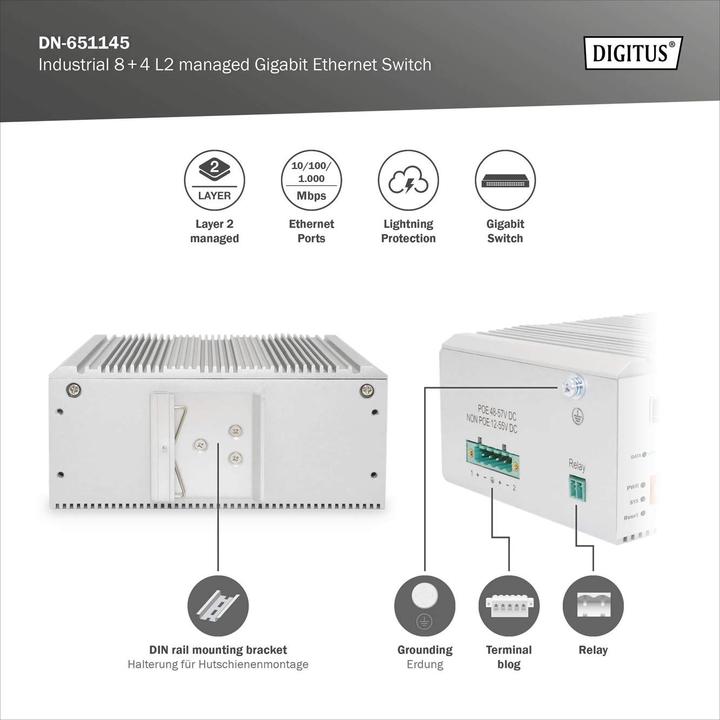 Produktbild Digitus Industrieller 8+4 L2 managed Gigabit Ethernet Switch (12 Ports)