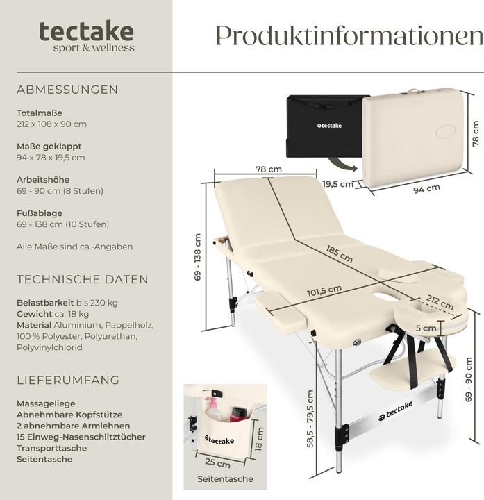 Produktbild tectake 3 Zonen Massageliege mit 5cm Polsterung und Aluminiumgestell