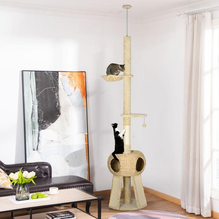 Immagine prodotto Swisshandel24 Albero per gatti, alto fino al soffitto, 225-255 cm con grotta per gatti, con palla da gioco (255 cm, Marrone+Beige)