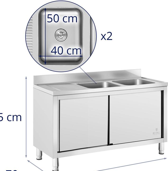 Produktbild Royal Catering Spülenschrank Spülenunterschrank Spülschrank Edelstahl 2 Becken: 500x400x300 mm (Aufsatzspülbecken, 30 cm, 70 cm)