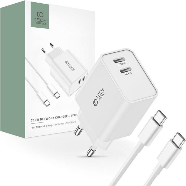 Immagine prodotto Tech-Protect C35W Caricatore di rete 2x USB-C PD 35W con cavo USB-C / USB-C - bianco (35 W)