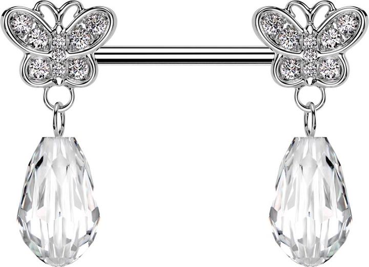 Actual product image Star Piercing Barbell silber mit zwei Schmetterling silber Kristalle silber Anhänger Kristalltropfen (Surgical steel 316L, Brass)
