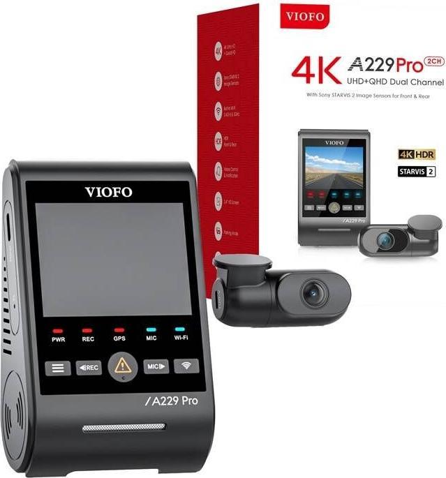 Immagine prodotto Viofo A229 Pro 2CH - Dashcam doppia 4K - Filtro cpl gratuito incluso - Modello 2023 (Ricevitore GPS, Microfono incorporato, Visione notturna, Accelerometro, Display integrato, WiFi, 4K)
